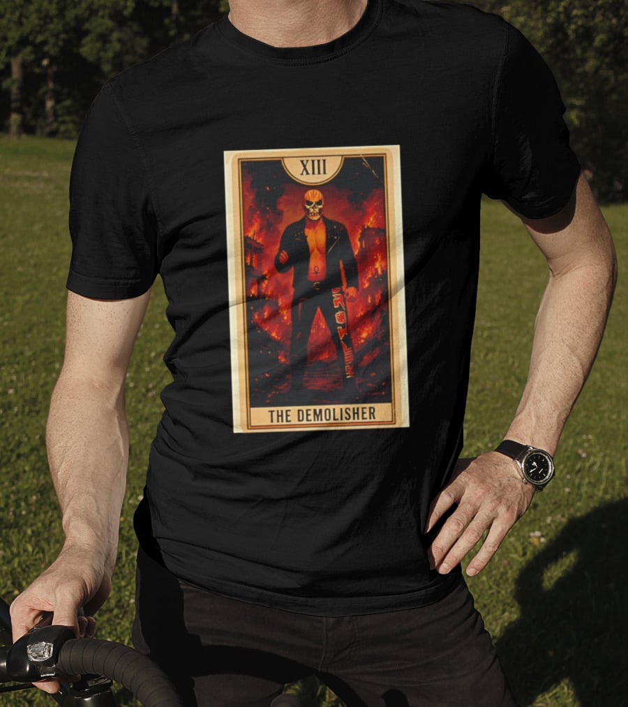 XIII The Demolisher Tarot Card Skull Masked Figure In Flames T-Shirt