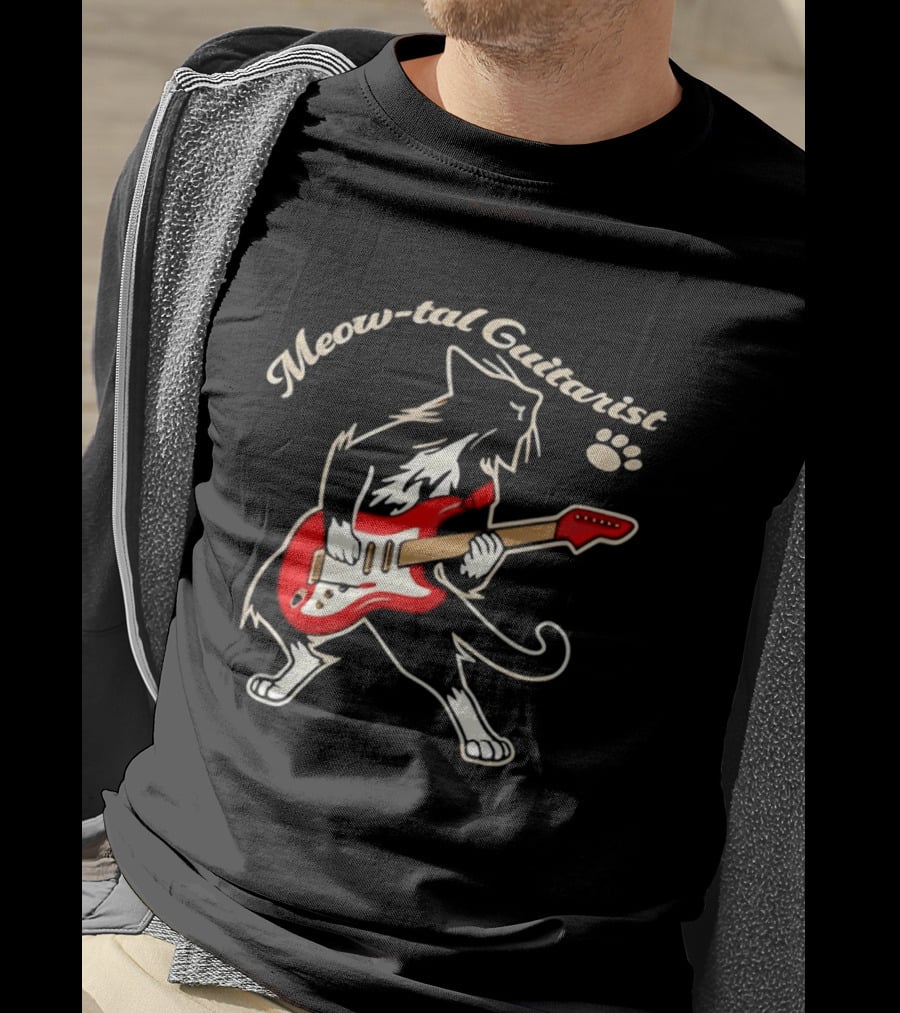 Meow Tal Guitarist Cat Playing Red Electric Guitar T-Shirt