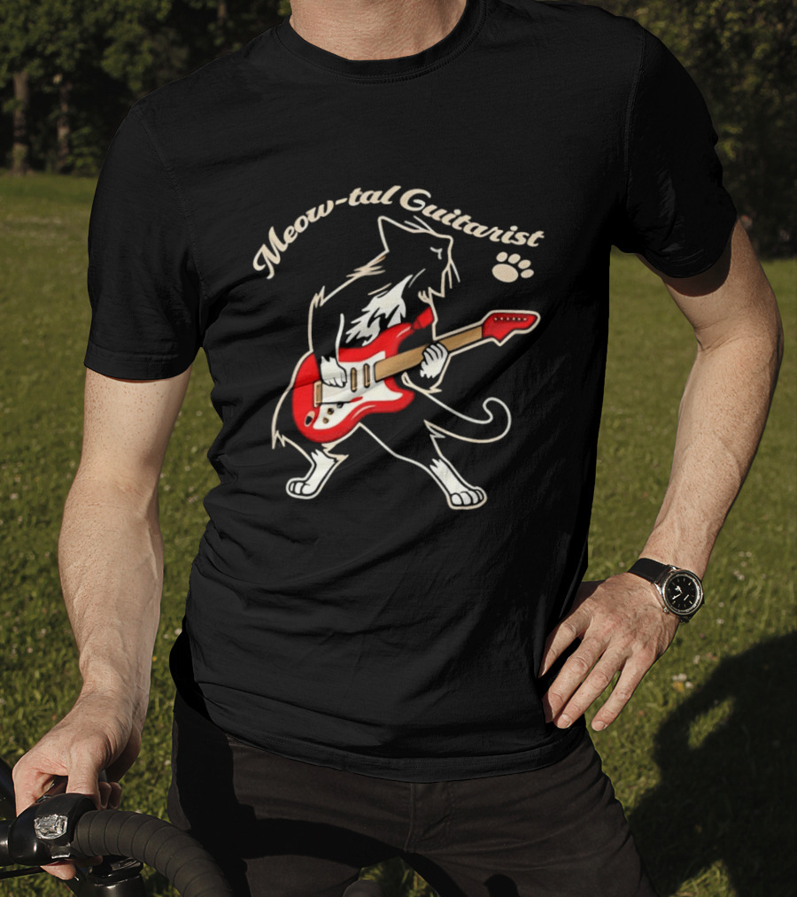 Meow Tal Guitarist Cat Playing Red Electric Guitar T-Shirt