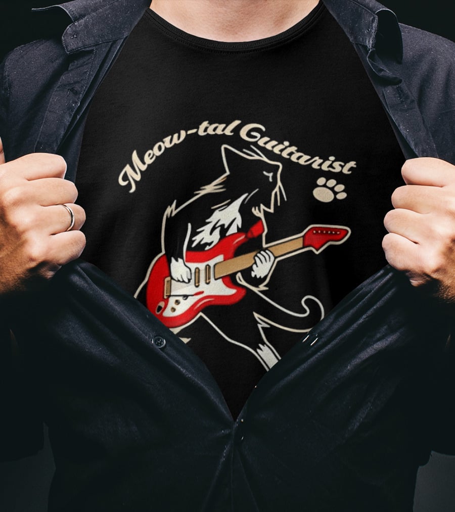 Meow Tal Guitarist Cat Playing Red Electric Guitar T-Shirt