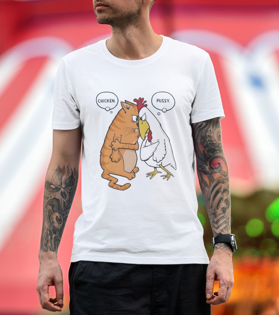 Chicken Pussy Standoff Cartoon Humor Confrontation T-Shirt