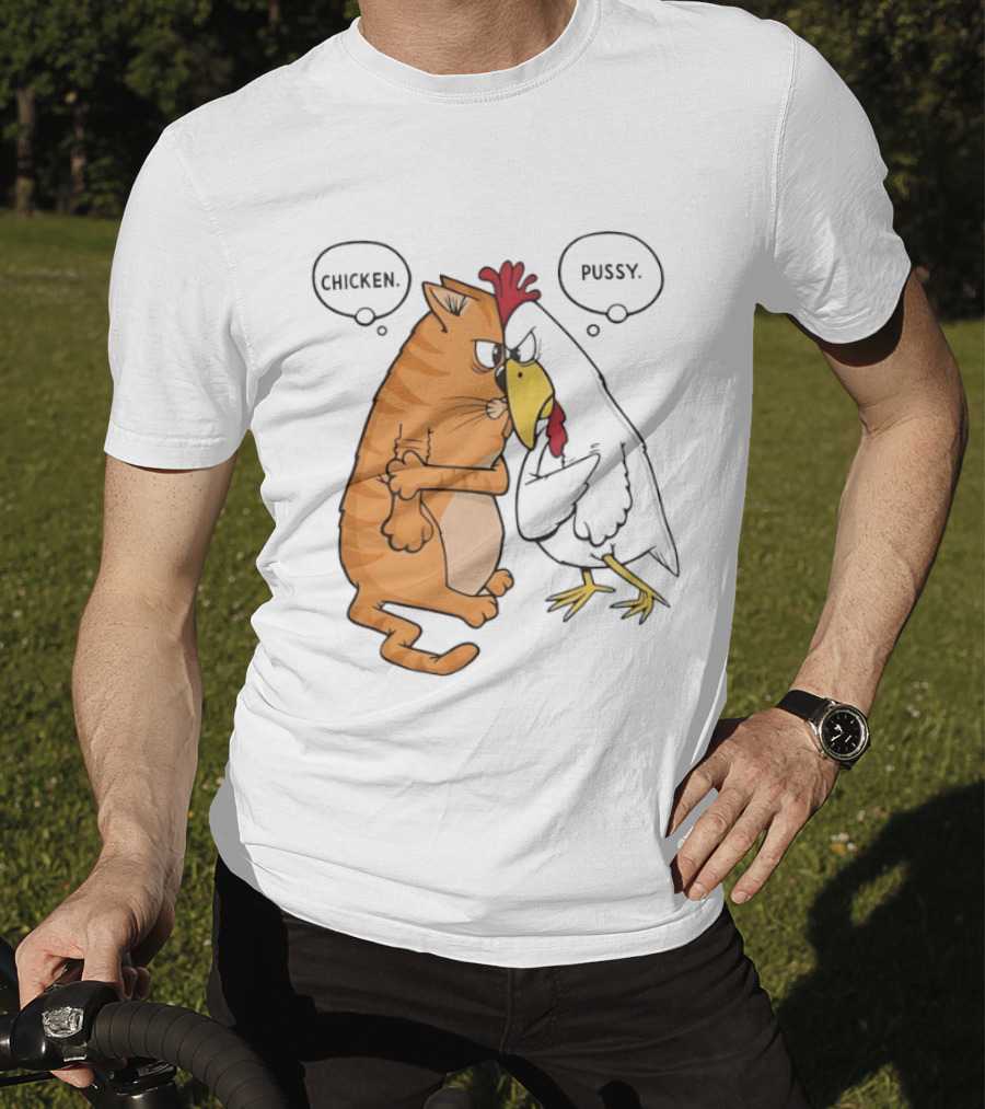 Chicken Pussy Standoff Cartoon Humor Confrontation T-Shirt