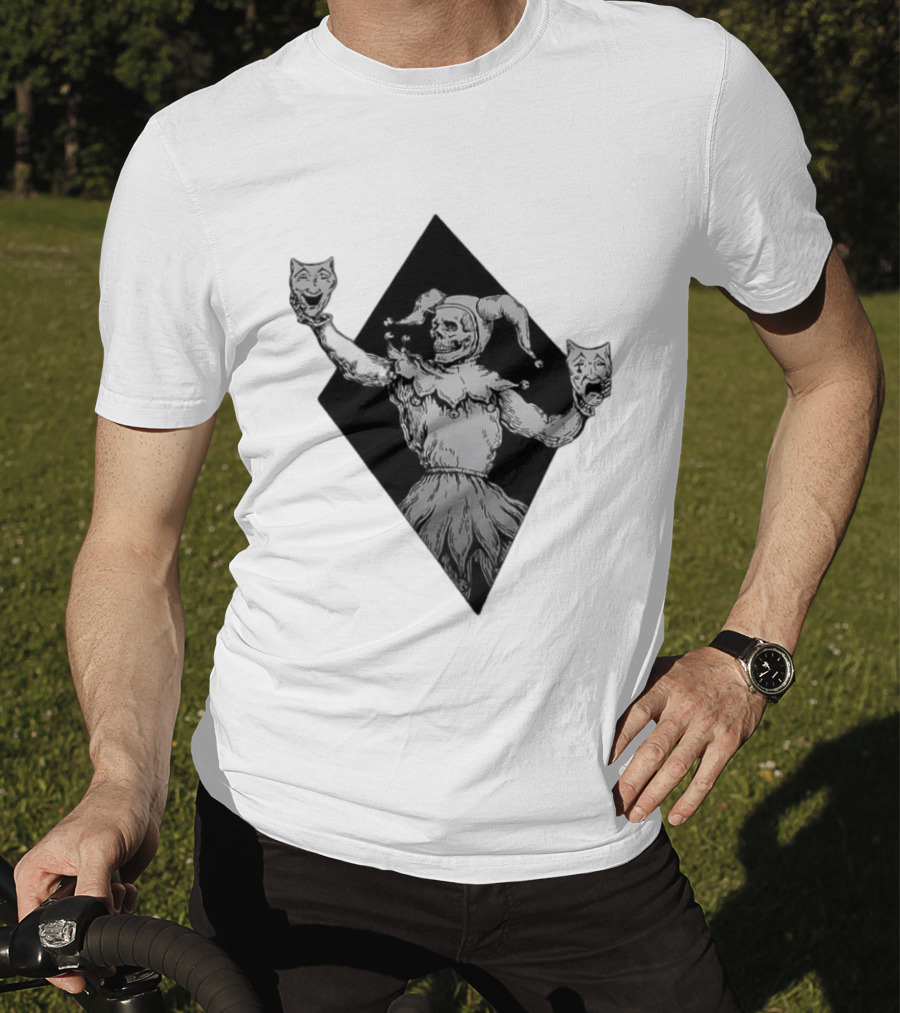 Skeleton Jester Holding Comedy And Tragedy Masks Medieval Gothic Costume T-Shirt