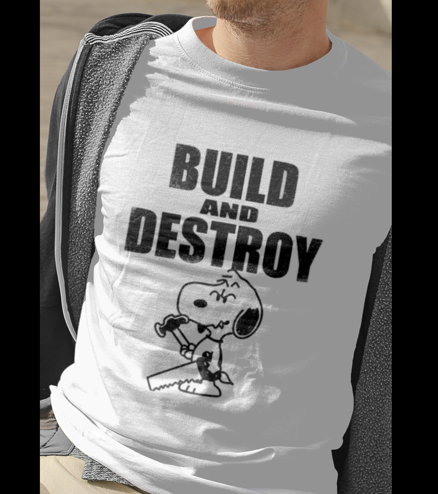 Snoopy Peanuts Build And Destroy Text Hammer Cartoon T-Shirt
