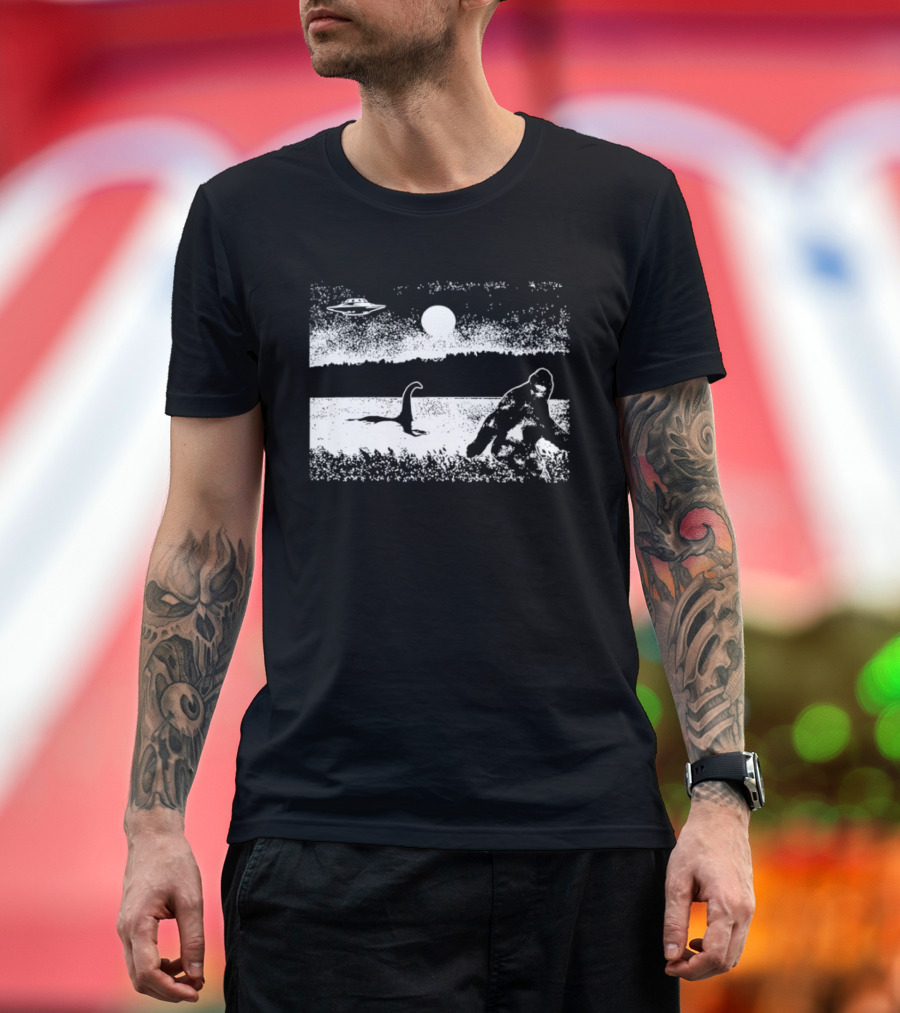 Bigfoot Nessie UFO Cryptid Creature Paranormal Mystery Nature Scene T-Shirt
