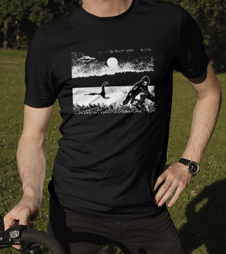 Bigfoot Nessie UFO Cryptid Creature Paranormal Mystery Nature Scene T-Shirt