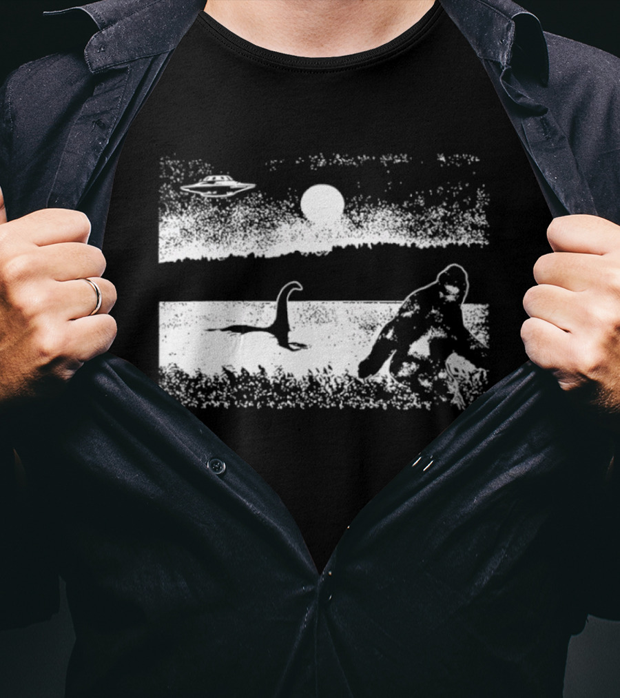 Bigfoot Nessie UFO Cryptid Creature Paranormal Mystery Nature Scene T-Shirt