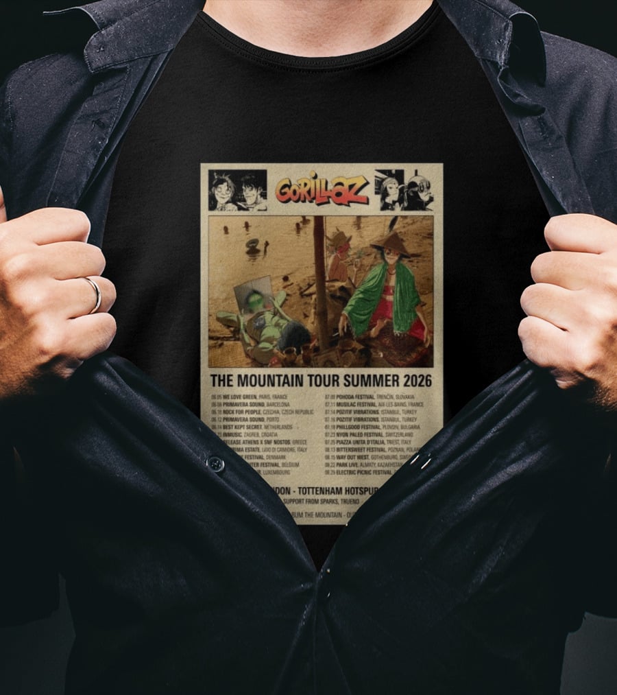 Gorillaz The Mountain Tour Summer 2026 Concert Featuring Noodle And Band Members T-Shirt