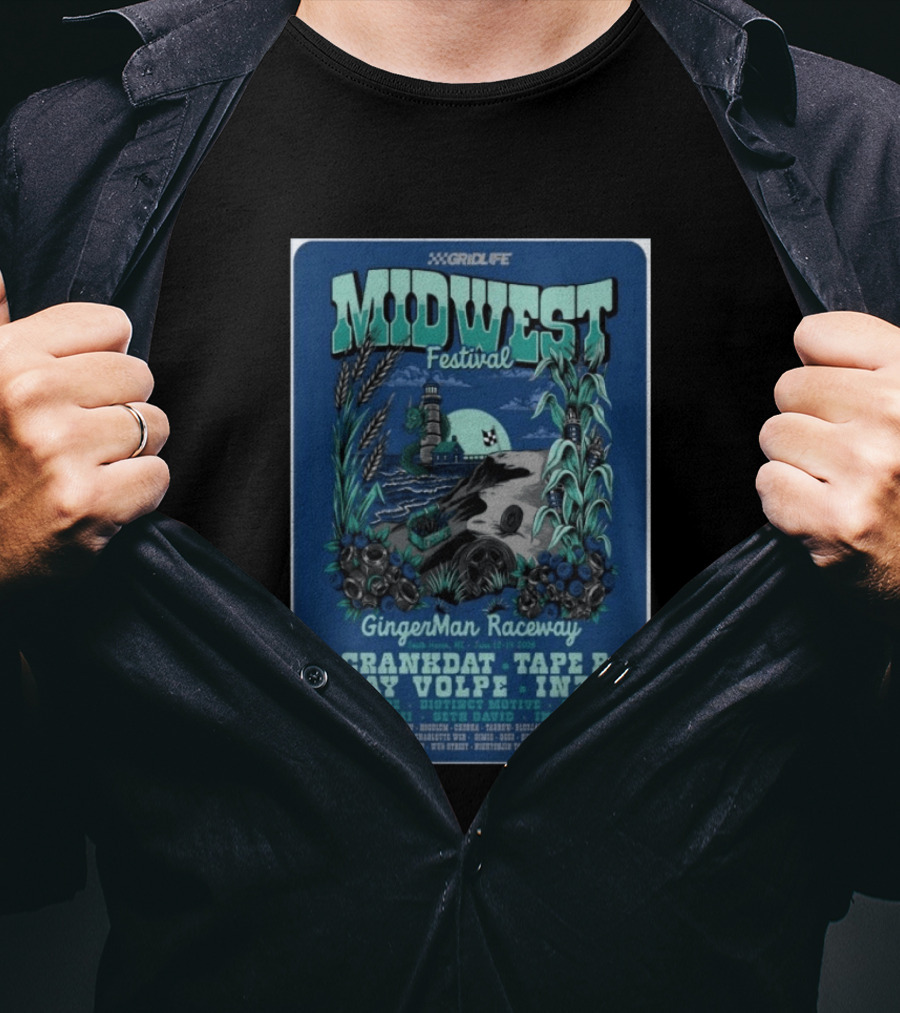 GRIDLIFE Midwest Festival GingerMan Raceway June 12 14 2026 South Haven MI Crankdat Tape B Ray Volpe INZO Borgore T-Shirt