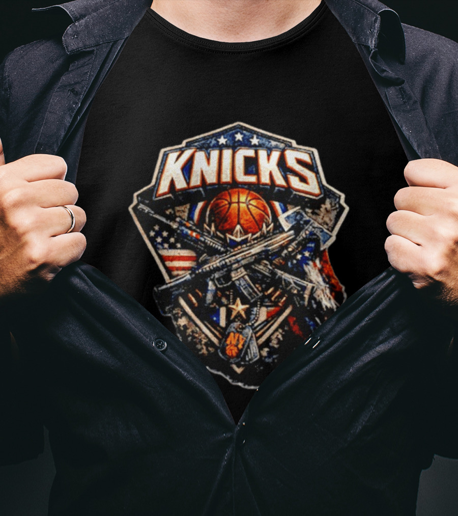Knicks Basketball Rifles Badge American Flag Emblem NY Star T-Shirt