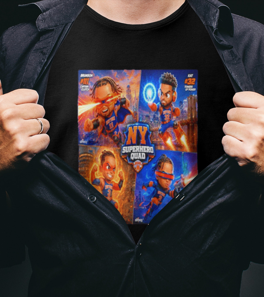 NY Superhero Quad Brunson Captain Clutch Hart Energy Heat Deuce Flash Factor Kat Towers Of Power T-Shirt