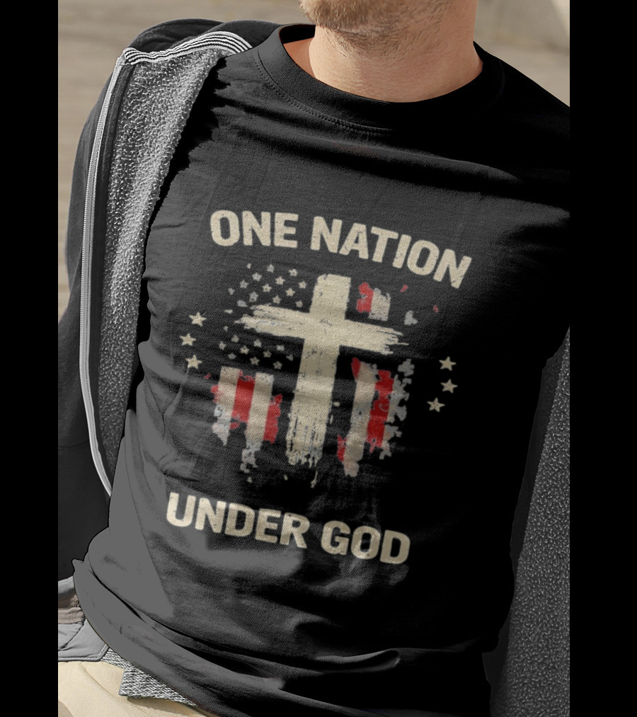 One Nation Under God Patriotic Cross American Flag Christian Faith T-Shirt