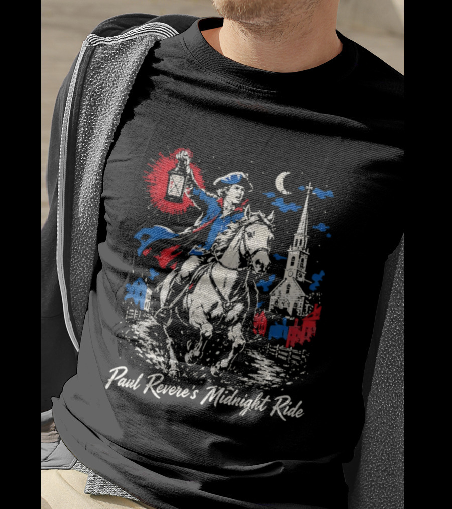 Paul Revere Midnight Ride American Revolutionary War Patriotic Historical Scene With Lantern And Church T-Shirt