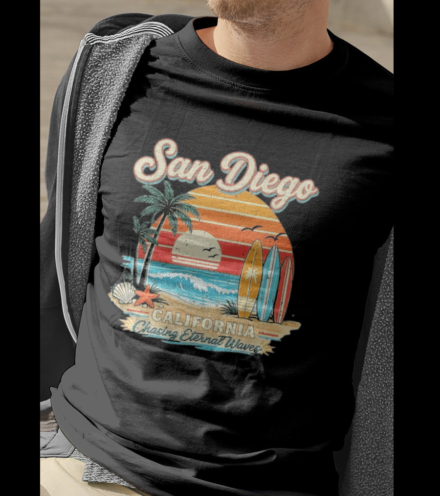 San Diego California Surfing Sunrise Chasing Eternal Waves Beach Vacation T-Shirt