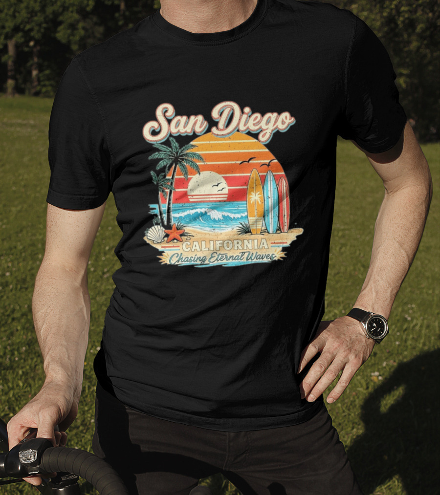 San Diego California Surfing Sunrise Chasing Eternal Waves Beach Vacation T-Shirt
