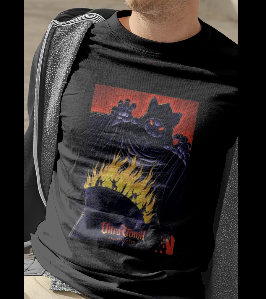 Ultra Vomit Hellfest 2026 Clisson France Jun 19 Puppet Master Cat With Fire Tower T-Shirt