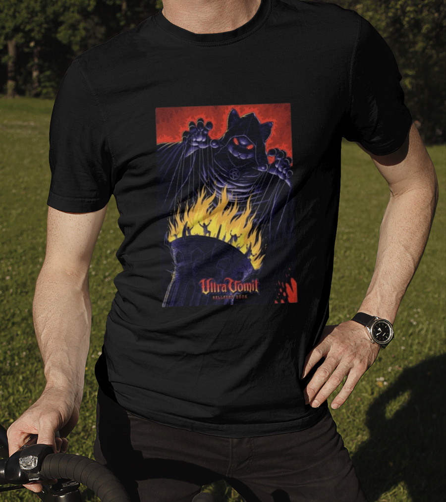 Ultra Vomit Hellfest 2026 Clisson France Jun 19 Puppet Master Cat With Fire Tower T-Shirt