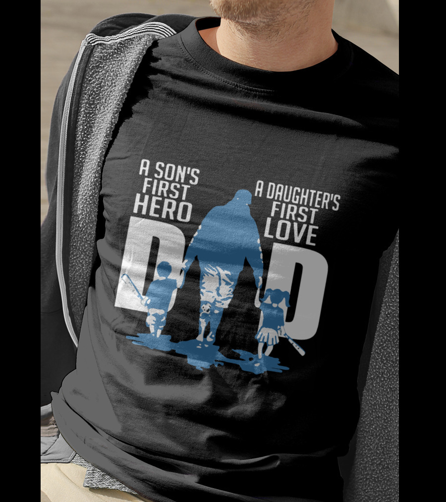 Dad A Son's First Hero A Daughter's First Love Blue Silhouette With Kids And Baseball Bats T-Shirt