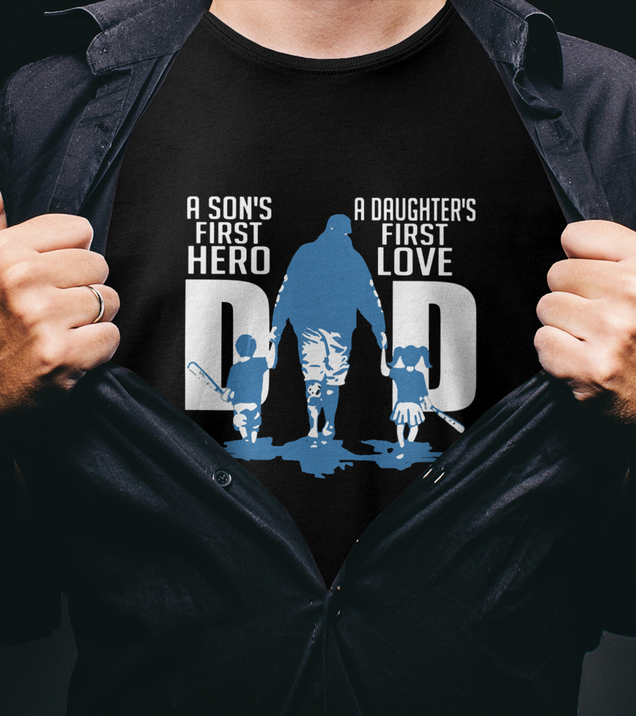 Dad A Son's First Hero A Daughter's First Love Blue Silhouette With Kids And Baseball Bats T-Shirt