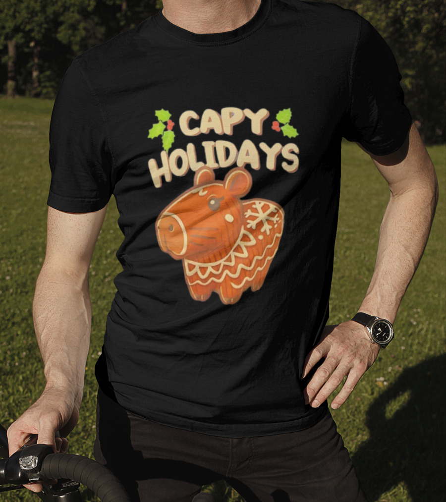 Capy Holidays Christmas Cookie Capybara With Holly Leaves T-Shirt