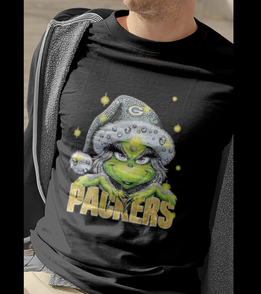 Green Bay Packers Grinch Santa Hat Christmas Football Fan Apparel T-Shirt