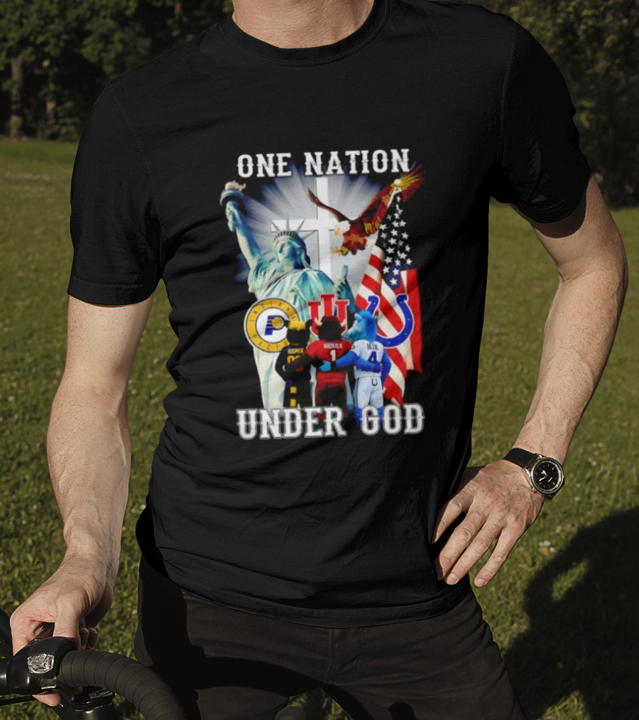 Indiana Hoosiers Indianapolis Colts Indiana Pacers One Nation Under God Statue Of Liberty American Flag T-Shirt