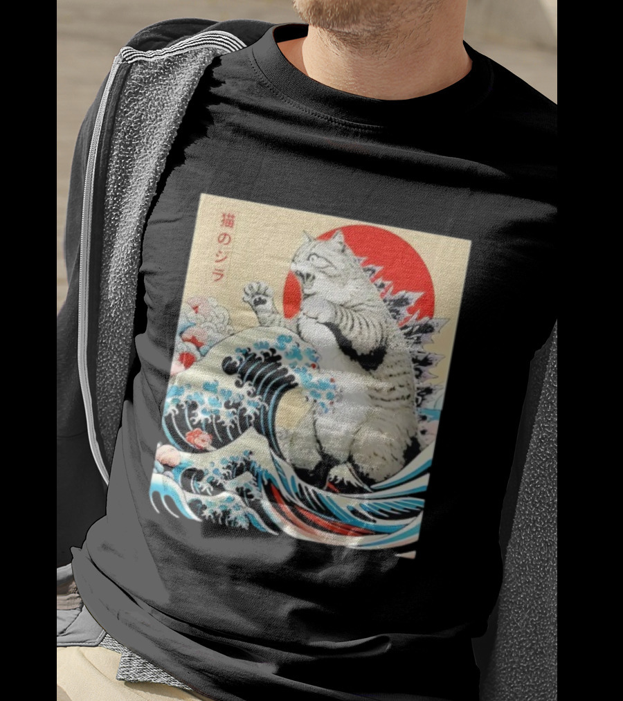 Catzilla Ukiyo-e Japanese 猫のジラ Kanagawa Waves Red Sun T-Shirt