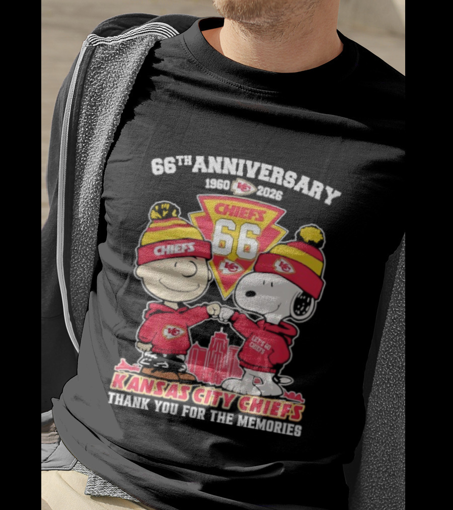 Kansas City Chiefs 66th Anniversary With Snoopy And Charlie Brown 1960-2026 T-Shirt