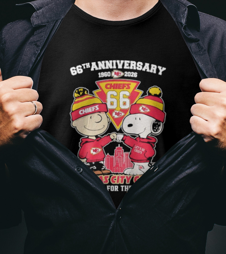Kansas City Chiefs 66th Anniversary With Snoopy And Charlie Brown 1960-2026 T-Shirt