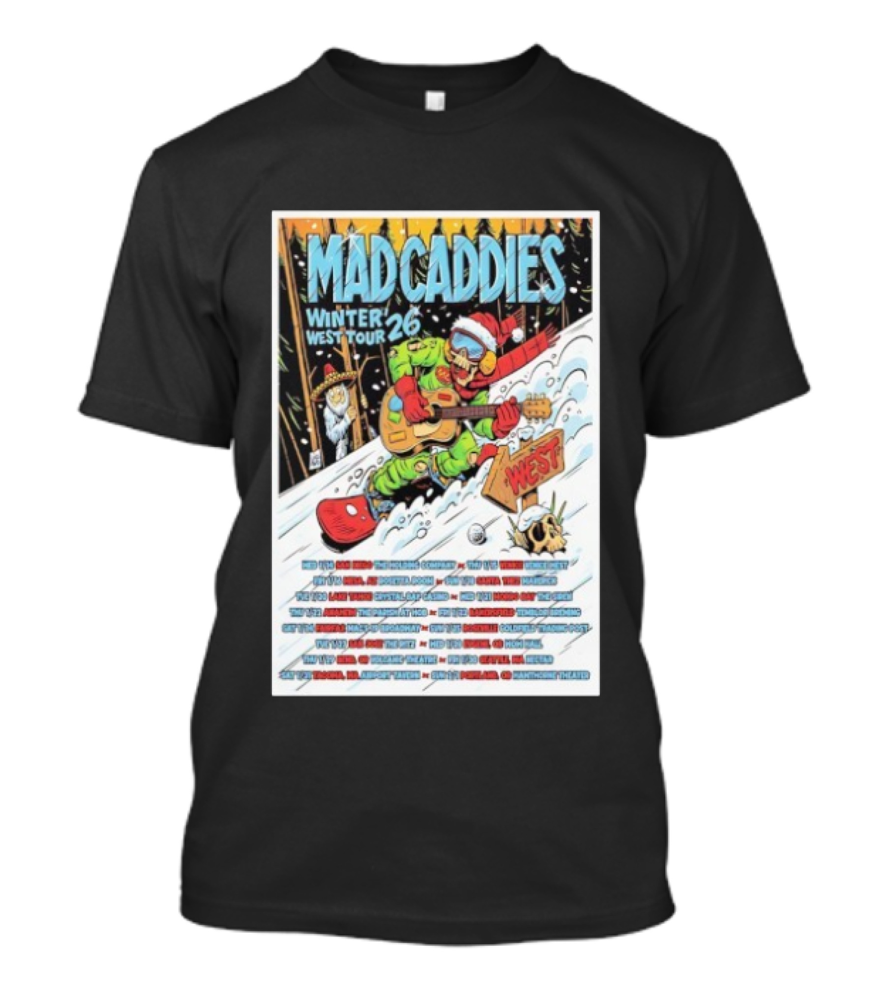Mad Caddies Winter West Tour 26 Snowboarding Santa Skeleton Guitarist T-Shirt