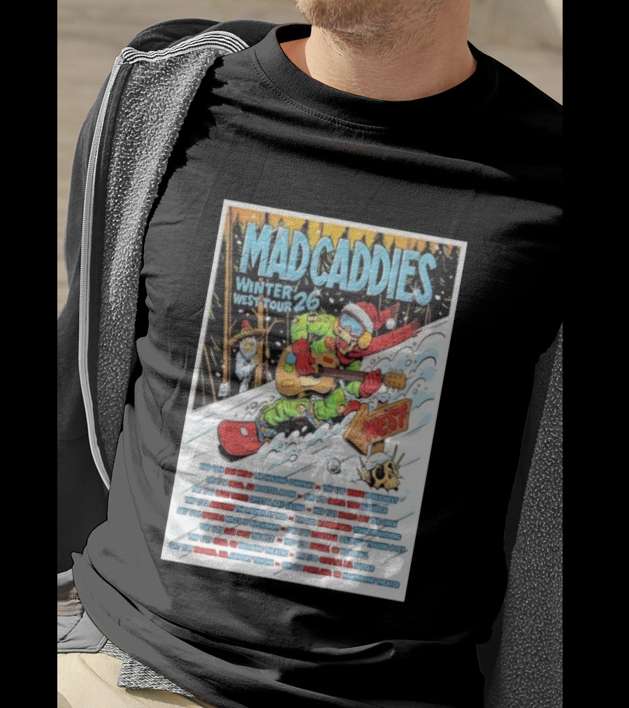 Mad Caddies Winter West Tour 26 Snowboarding Santa Skeleton Guitarist T-Shirt