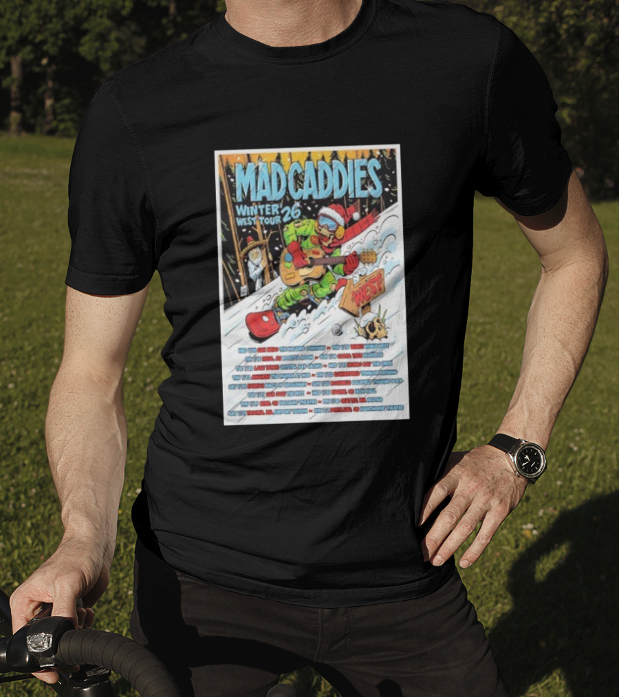 Mad Caddies Winter West Tour 26 Snowboarding Santa Skeleton Guitarist T-Shirt
