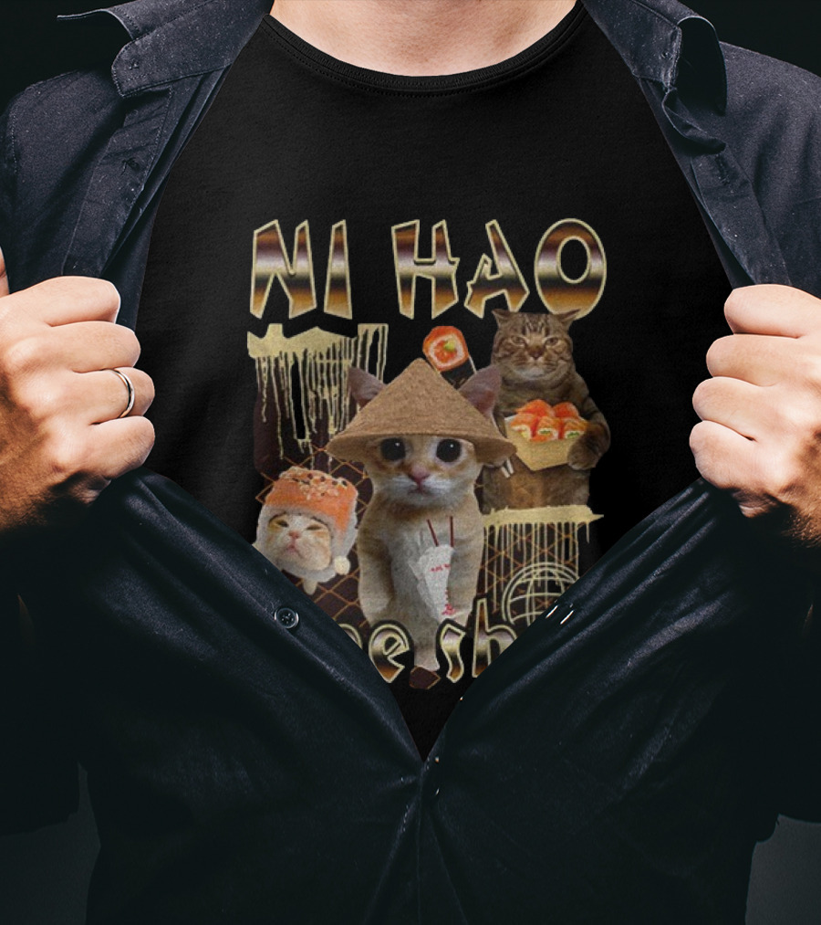 Ni Hao Fine Shyt Funny Cat Sushi Theme T-Shirt