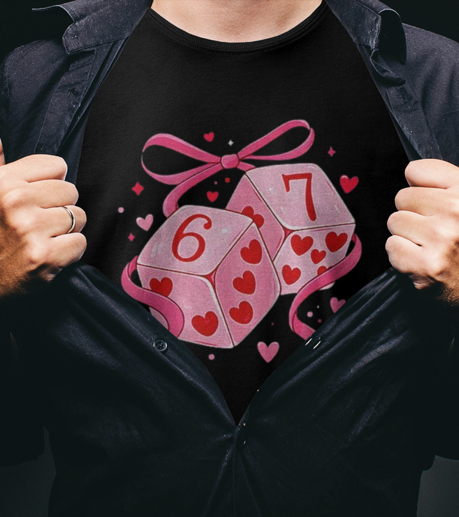 Preppy Valentine Pink Heart Dice 67 Bow Ribbon T-Shirt