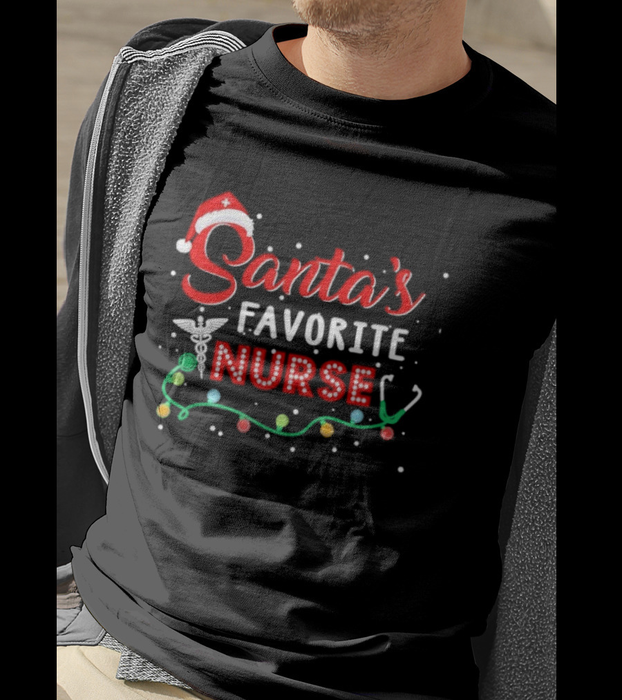 Santa's Favorite Nurse Christmas With Santa Hat And Stethoscope T-Shirt