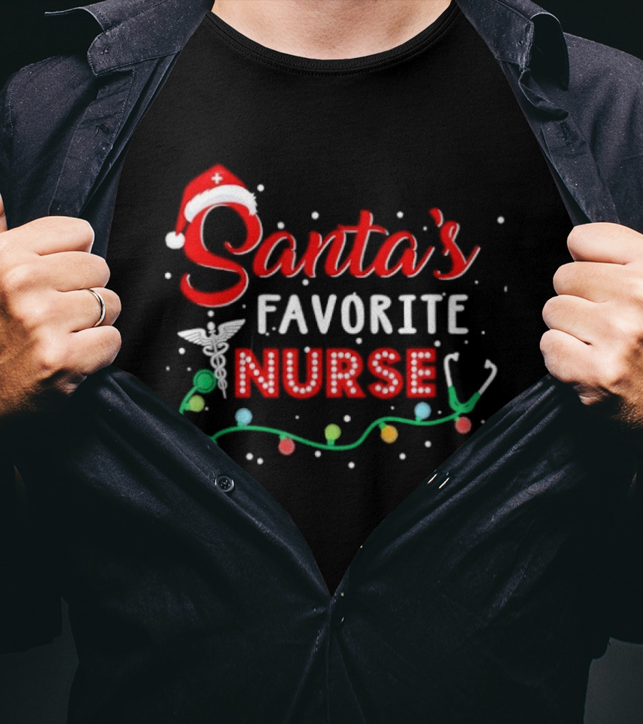 Santa's Favorite Nurse Christmas With Santa Hat And Stethoscope T-Shirt