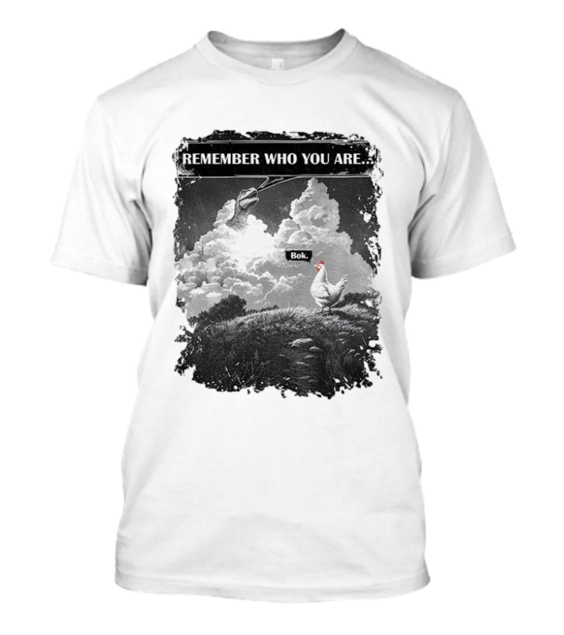 Funny Evolution Dinosaur Clouds Talking Chicken Remember Who You Are Bok T-Shirt