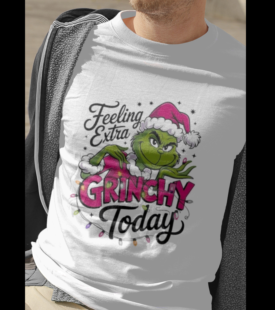 Feeling Extra Grinchy Today Green Character In Santa Hat With Lights T-Shirt