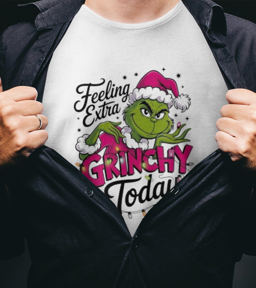 Feeling Extra Grinchy Today Green Character In Santa Hat With Lights T-Shirt