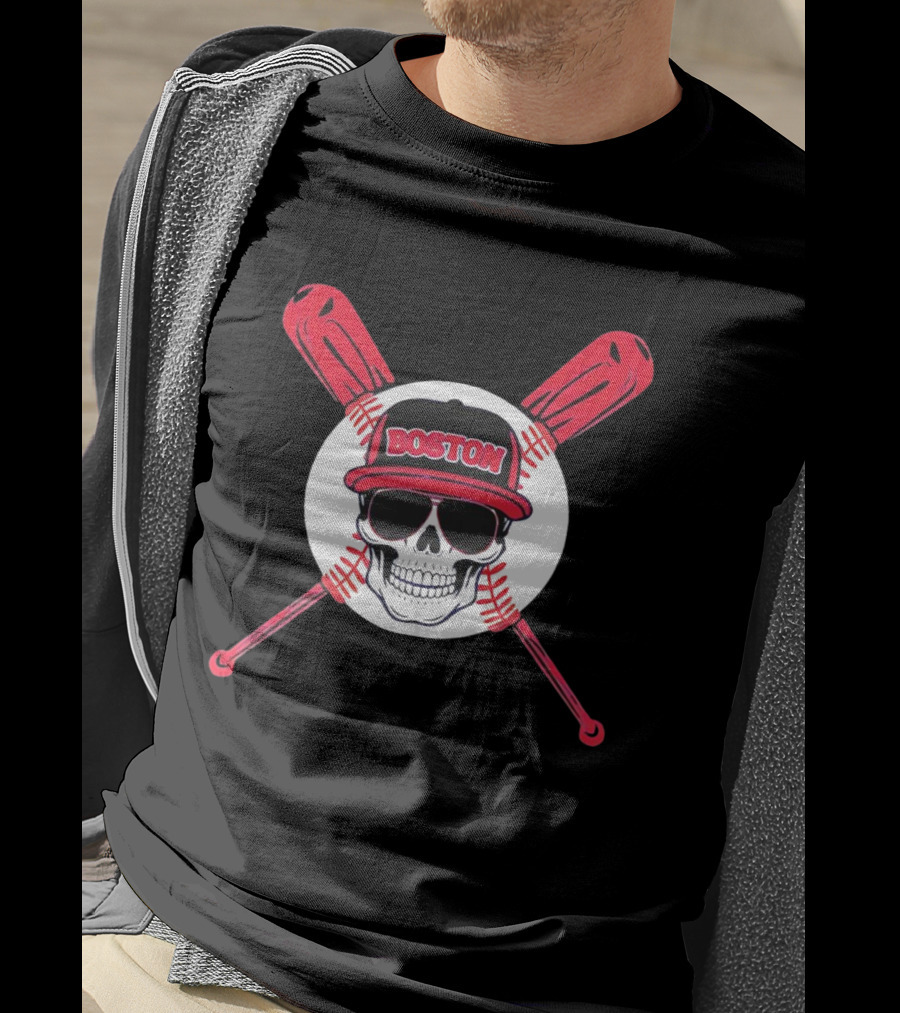 Boston Baseball Skull With Crossed Bats T-Shirt