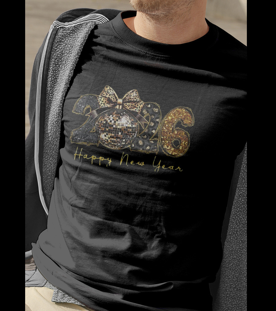 2026 Black Gold Disco Ball Leopard Print Happy New Year T-Shirt