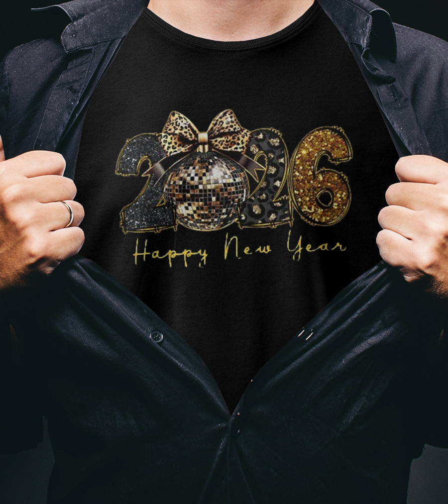 2026 Black Gold Disco Ball Leopard Print Happy New Year T-Shirt