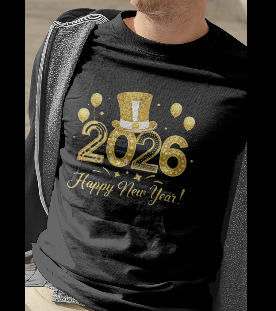 2026 Gold Glitter Balloons And Top Hat Happy New Year Celebration T-Shirt