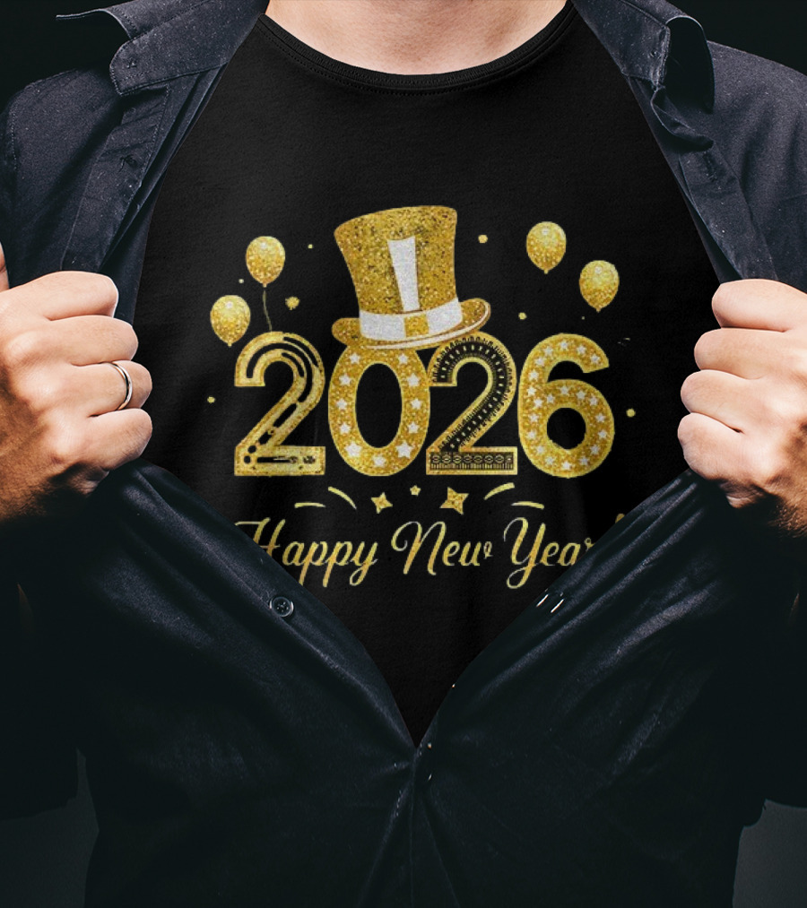 2026 Gold Glitter Balloons And Top Hat Happy New Year Celebration T-Shirt