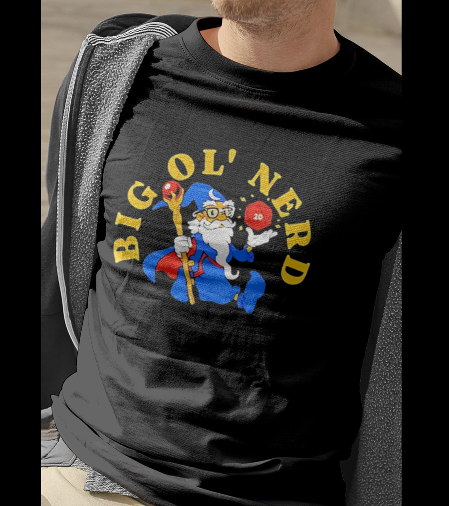 Big Ol Nerd Wizard Holding D20 Dice Staff Glasses Blue Robe Red Cape T-Shirt