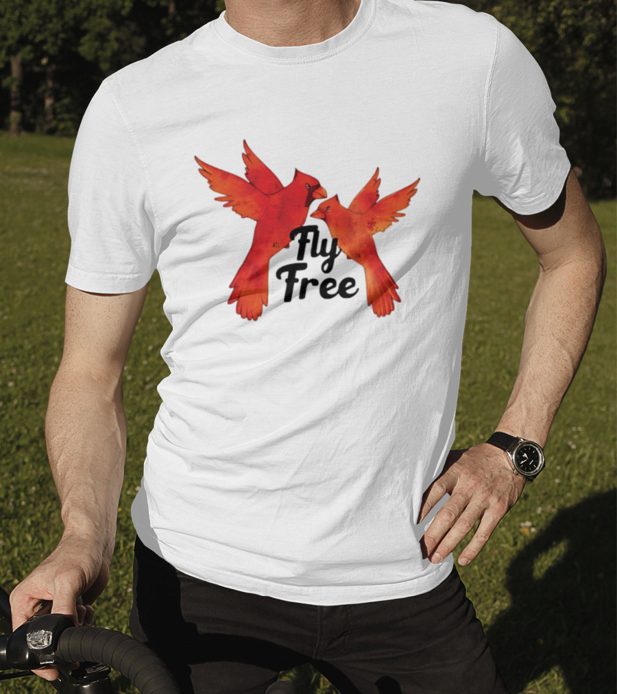 Fly Free Cardinal Bird Pair Vibrant Red Wings Dynamic Motion T-Shirt