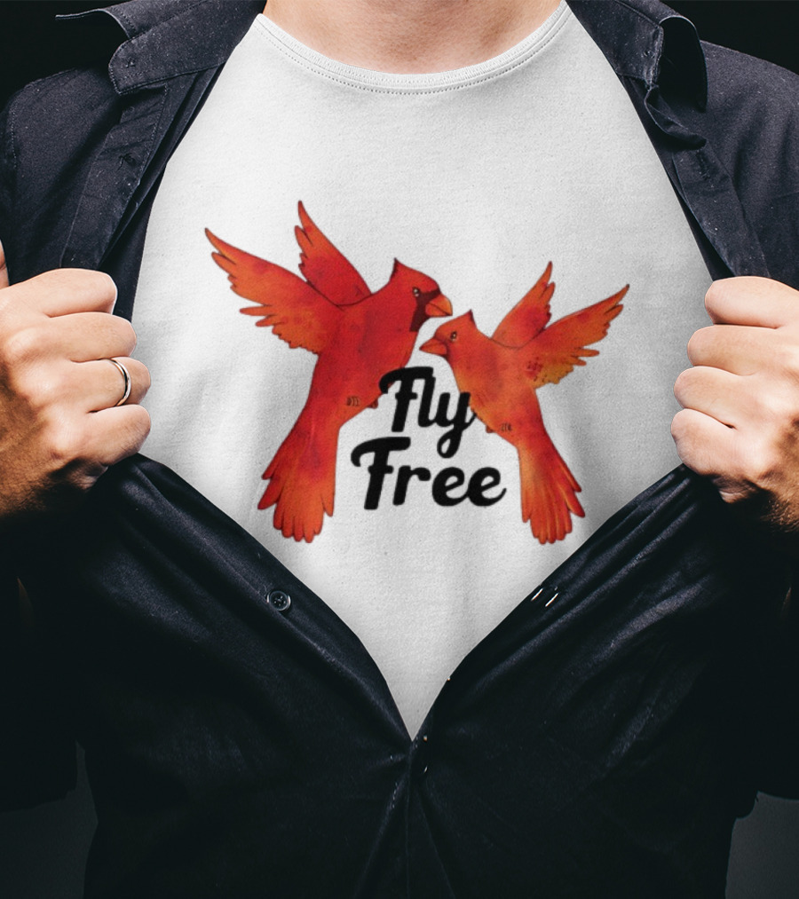 Fly Free Cardinal Bird Pair Vibrant Red Wings Dynamic Motion T-Shirt
