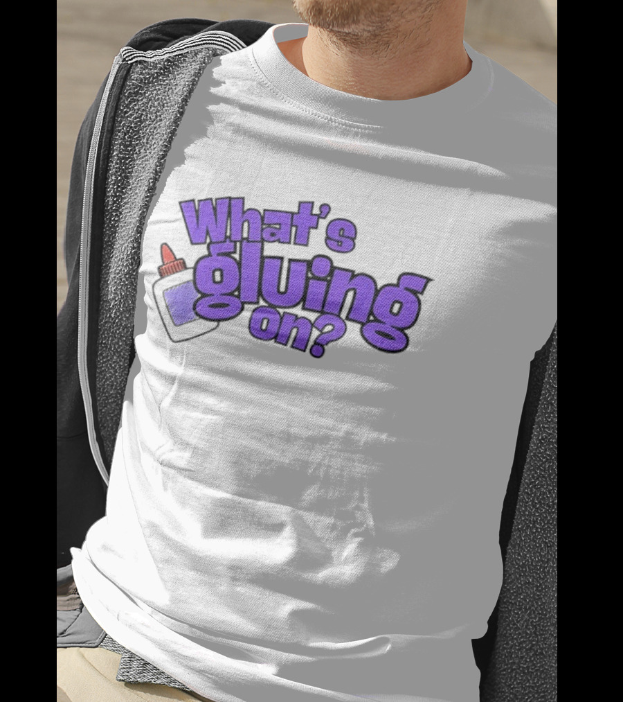 What's Gluing On Purple Text With Red Cap And Paper T-Shirt