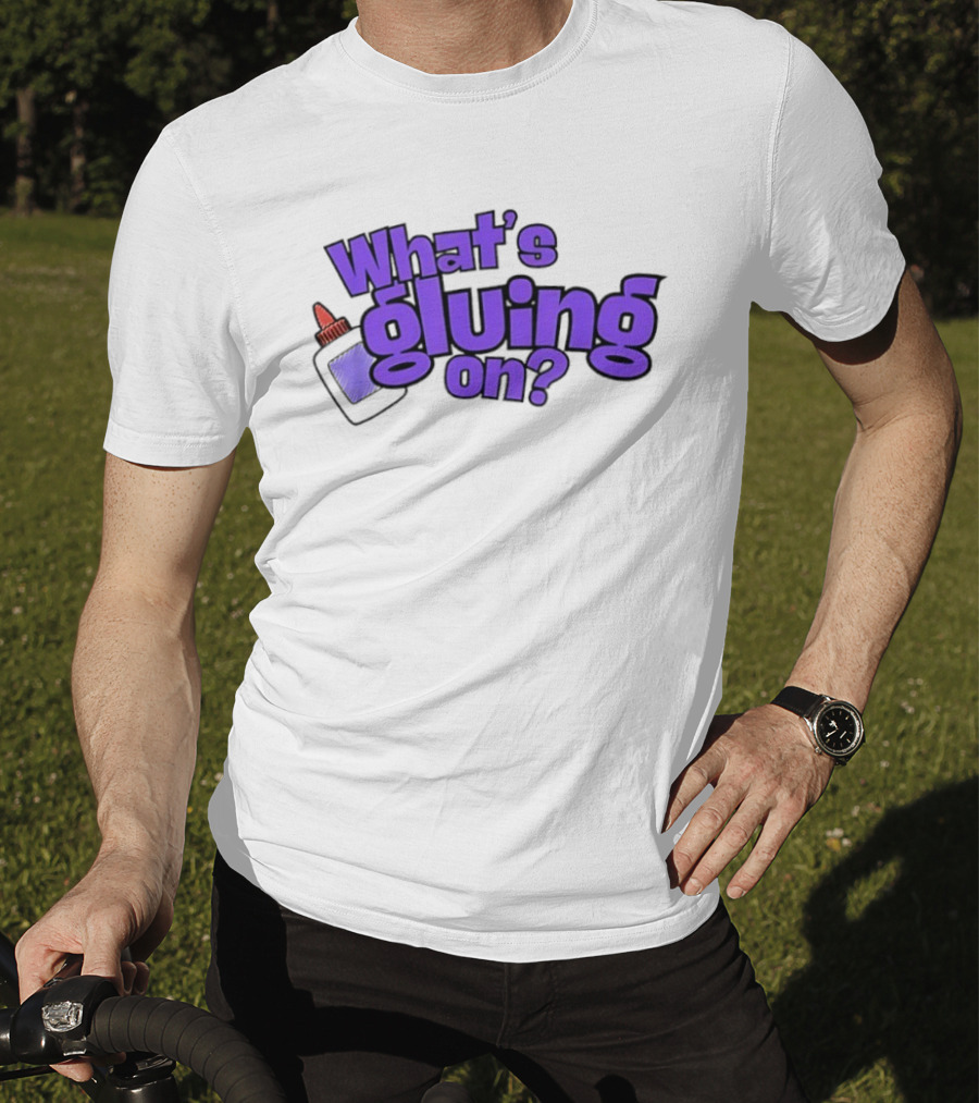 What's Gluing On Purple Text With Red Cap And Paper T-Shirt