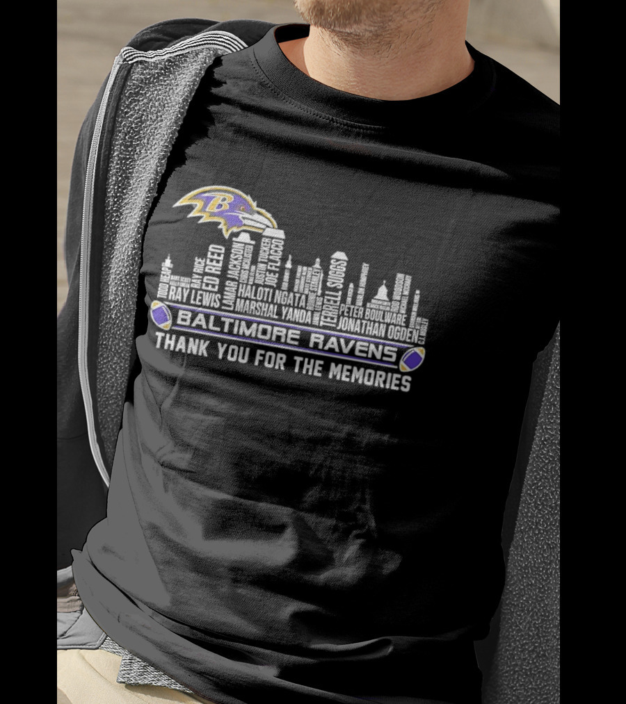 Baltimore Ravens Ray Lewis Marshall Yanda Jonathan Ogden City Skyline Thank You For The Memories T-Shirt